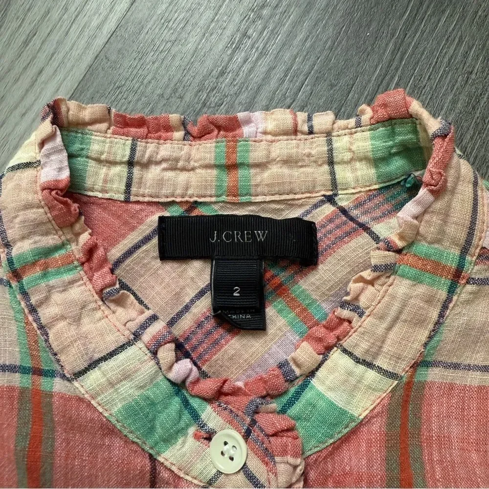 J.Crew Plaid Ruffle Half Button Down Popover Top 2
